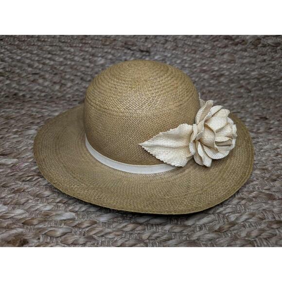 Womens Brown Straw Wide Brim Panama Hat w/ Ribbon & Flower Accent BOHO Size M - Picture 4 of 10